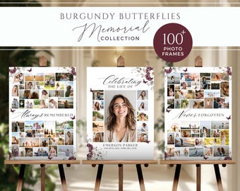 Funeral Welcome Sign Butterflies Bundle, Memorial Collage Sign, Celebration of Life Display, Woman, Butterfly, Mom, Burgundy, Flowers, BB1