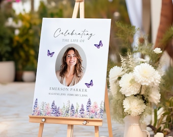 Funeral Welcome Sign Butterflies, Memorial Welcome, Celebration of Life Display, Woman, Butterfly, Mom, Purple Rose, Wildflower, Pink, PB2