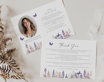 Funeral Thank You Cards with Butterflies, Photo, Template, Sympathy Acknowledgement Note, Editable, Purple, Flowers, Double Sided, Pink, PB2