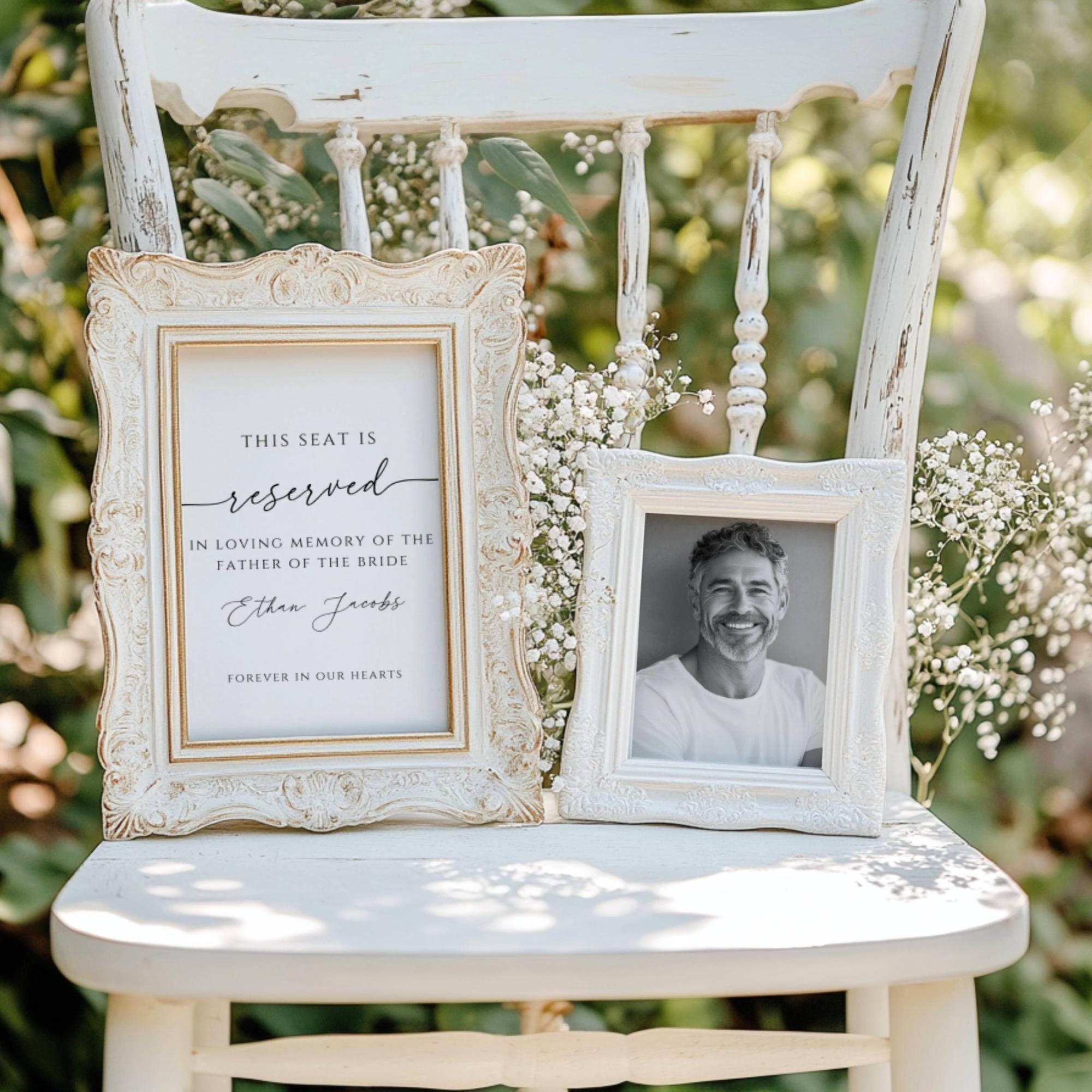 Letrero de asientos reservados para bodas en memoria, plantilla de Canva In Love Memory, decoración de silla para el padre de la novia en el cielo, editable e imprimible