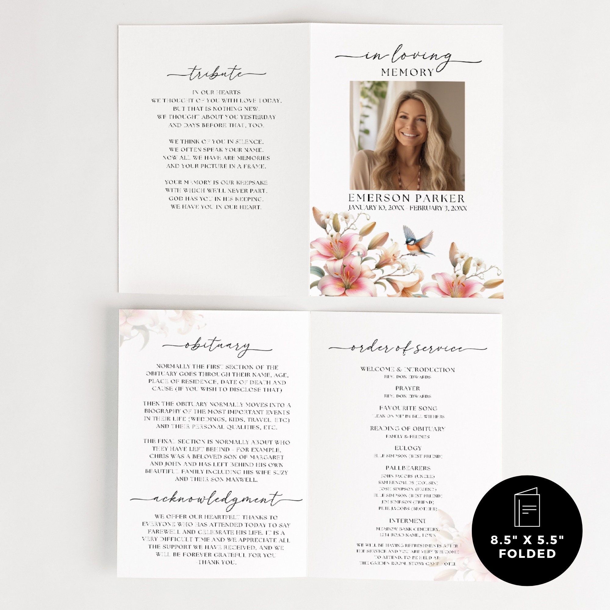 Funeral Program Birds, Editable Template, Celebrating the Life Of ...
