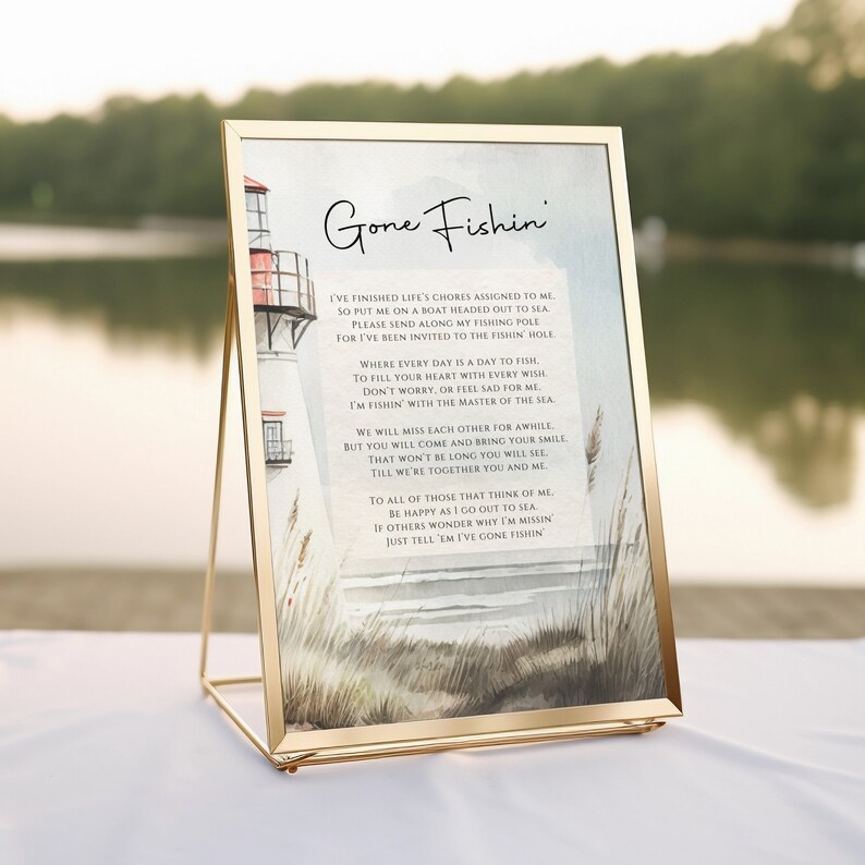 Gone Fishing Funeral, Printable Poem Sign, Memorial Keepsake for