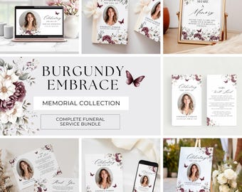 Funeral Bundle Flowers, Editable Celebration of Life Templates, Printable Digital Set, Memorial Service Pack, Canva, Burgundy Butterfly, BB1