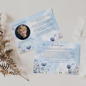 Cartes de remerciement pour les funérailles avec des papillons, photo, modèle de carte, remerciement, modifiable, bleu, fleurs, recto-verso, FB1