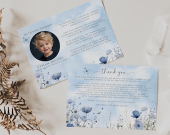 Funeral Thank You Cards with Butterflies, Photo, Card Template, Sympathy Acknowledgement Note, Editable, Blue, Flowers, Double Sided, FB1