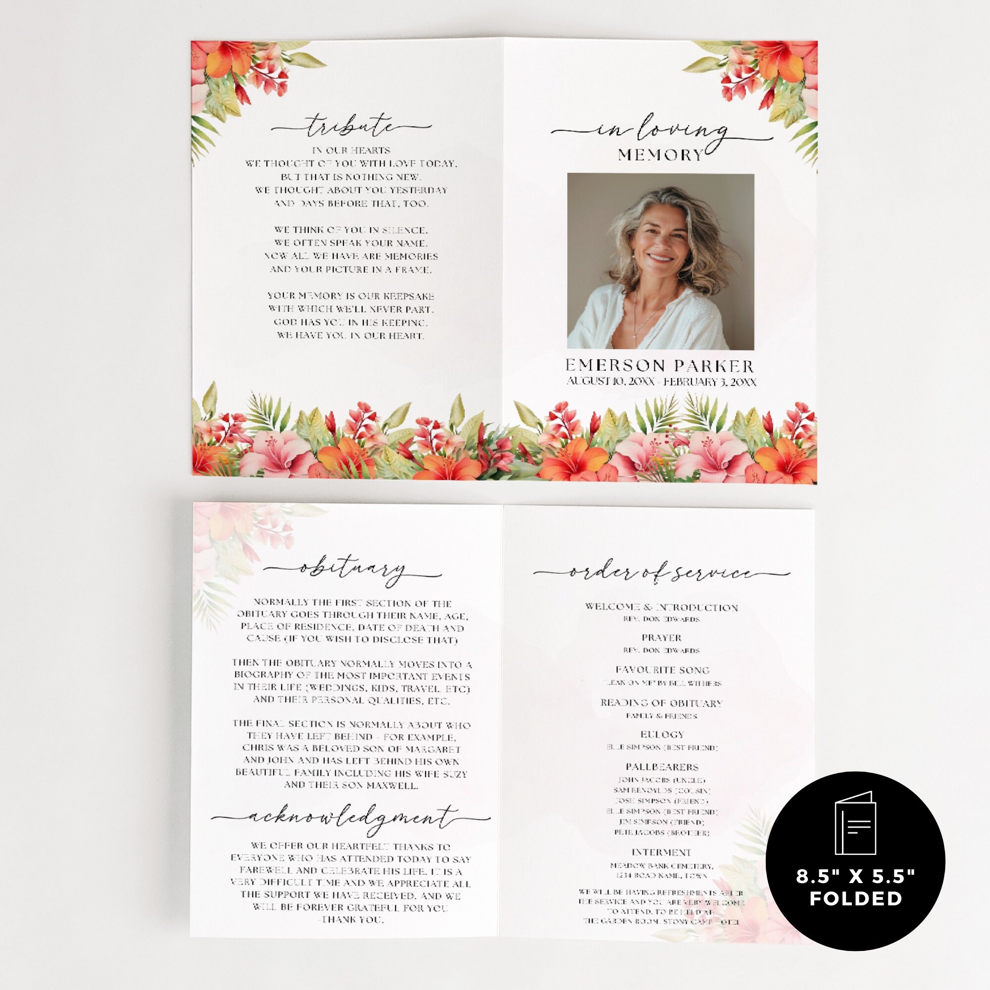 Sample Funeral Programs With Roses Funeral Program Tropical Template, Floral Design for Woman, Memorial ...