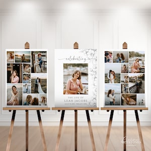 Minimalist Floral Funeral Photo Sign for Celebration Of Life Memorial, Simple Funeral Welcome Sign Board, Collage Photo Memorial Poster, MF1