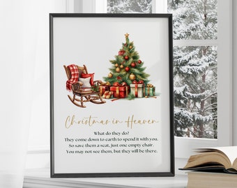 May include: A watercolor illustration of a rocking chair with a blanket and pillow, a Christmas tree with ornaments and presents, and the text "Christmas in Heaven. What do they do? They come down to earth to spend it with you. So save them a seat, just one empty chair. You may not see them, but they will be there."