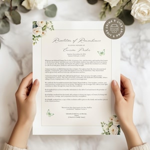 May include: A memorial resolution with floral accents and butterfly graphics. The document features text honoring Emerson Parker, with details of their life and a message of remembrance. The design includes a print and edit option.