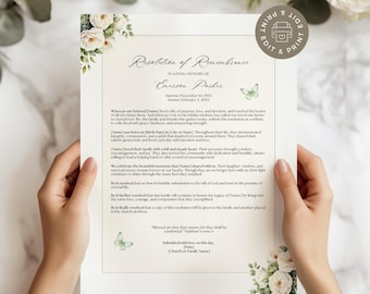 White Rose and Green Funeral Resolution Letter, Editable Template for Church, Funeral Service, In Loving Memory, Flower Design