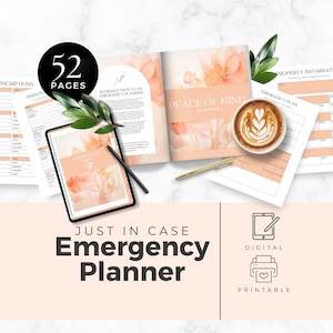 May include: A digital printable emergency planner with 52 pages. The planner has a peach and white color scheme with floral illustrations. The text "The Peace of Mind Planner" is visible on the cover.