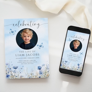 Funeral Template for Baby Boy, Celebration of Life Invitation, Service Announcement Invite, Printable, Digital, Evite, Blue, Wildflower, FB1