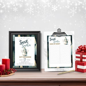 May include: A printable invitation and sign-up sheet for a Secret Santa gift exchange. The invitation features a snowman in a winter forest scene with the text "Join us for a Secret Santa Gift Exchange" and details about the event. The sign-up sheet features a snowman in a winter forest scene with the text "Secret Santa Sign Up Sheet".