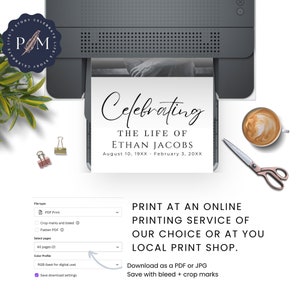 May include: A printable memorial card with a black and white photo of a person. The text reads "Celebrating The Life of Ethan Jacobs August 10, 19XX - February 3, 20XX". The card is designed to be printed at an online printing service or at a local print shop.