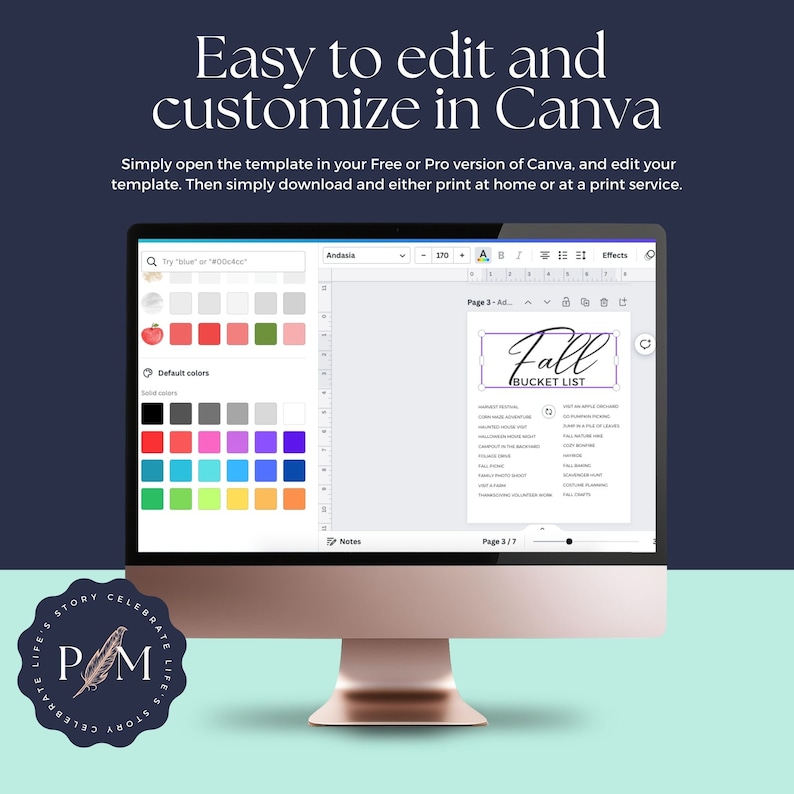 Puede incluir: Una pantalla de ordenador que muestra una plantilla de dise&ntilde;o de Canva para una lista de deseos de oto&ntilde;o. La plantilla est&aacute; abierta en el editor de Canva, mostrando una paleta de colores, cuadros de texto y una lista de actividades oto&ntilde;ales. El texto "Fall Bucket List" est&aacute; escrito en una fuente decorativa con un efecto acuarela morado.