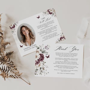 Carte de remerciement pour les funérailles avec des papillons, photo, modèle de carte, remerciement pour les condoléances, modifiable, bordeaux, fleurs, recto-verso, BB1