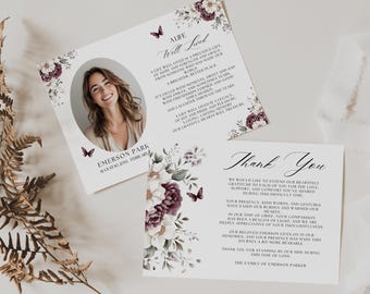 Funeral Thank You Card with Butterflies, Photo, Card Template, Sympathy Acknowledgement Note, Editable, Burgundy, Flowers, Double Sided, BB1