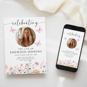 May include: A white memorial card with a floral border and pink butterflies. The card features a photo of a woman and the text "celebrating the life of Emerson Jenkins". The card also includes the dates of birth and death, the date and time of the memorial service, and the location of the service.