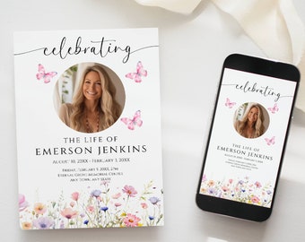 Funeral Invitation Butterfly, Announcement Digital Pink, Printable Memorial Invite Flyer, Editable, Celebration of Life For Mom, Baby, Girl