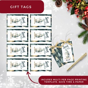 Secret Santa printable questionnaire bundle. Blue, snowman with neutral gold trees, gift exchange tags