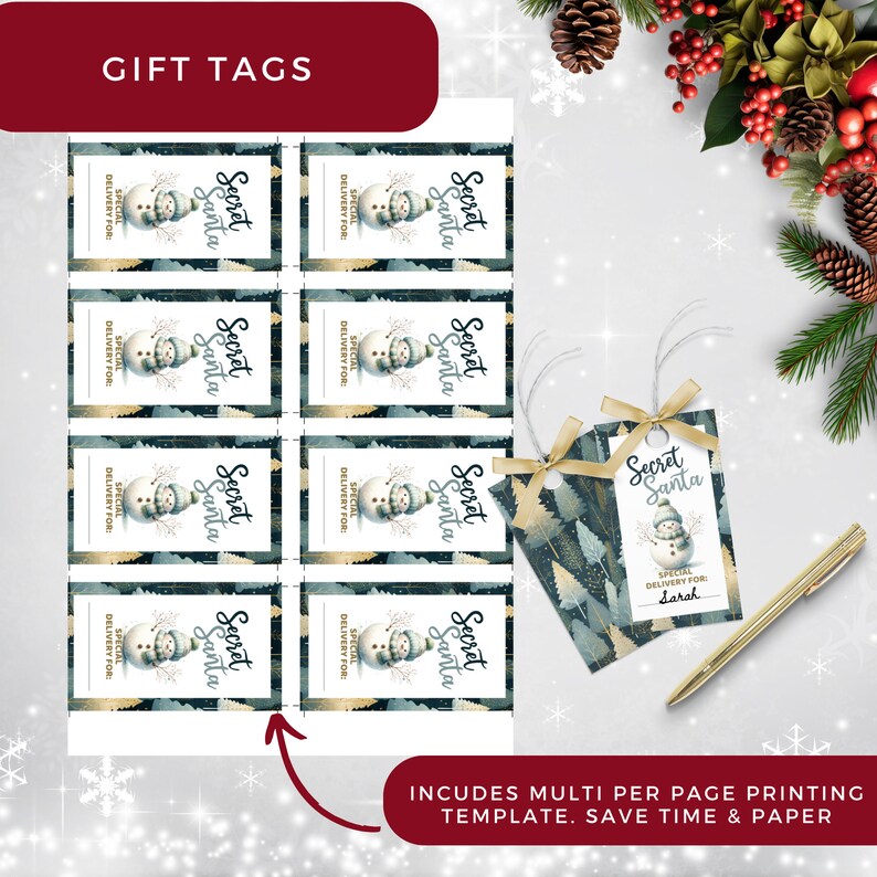 Secret Santa printable questionnaire bundle. Blue, snowman with neutral gold trees, gift exchange tags