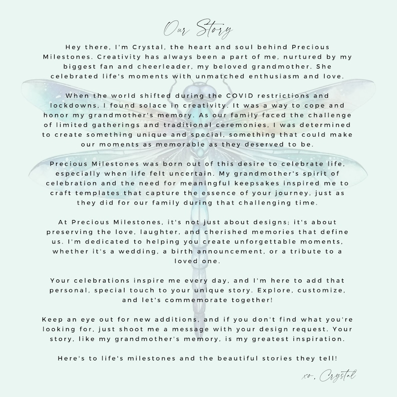 Puede incluir: Un fondo azul claro con texto blanco superpuesto. El texto dice "Nuestra historia" e incluye un mensaje personal sobre la creaci&oacute;n de Precious Milestones, un negocio que crea recuerdos personalizados para los hitos de la vida. El texto menciona a la abuela de la fundadora y c&oacute;mo ella inspir&oacute; el negocio.