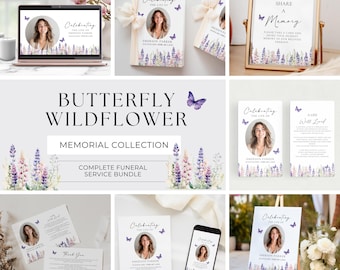 Paquete funerario de flores silvestres, plantilla editable para celebrar la vida, set digital imprimible, paquete de servicio conmemorativo, Canva, mariposa morada, PB2