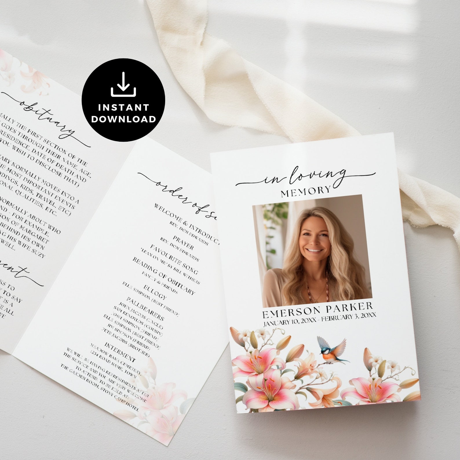 Funeral Program Birds, Editable Template, Celebrating the Life Of ...
