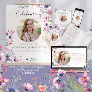 以下が含まれることがあります： 花柄をテーマにしたデジタル追悼セット。セットにはポスター、プログラム、オンライン追悼が含まれています。ポスターには、花柄の枠で囲まれた女性の画像が掲載されています。ポスターのテキストには「Celebrating the Life of Adeline Johnston」とあります。