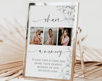 Puede incluir: Una tarjeta blanca con texto negro e ilustraciones florales. El texto dice "compartir un recuerdo" y "Por favor, tome una tarjeta y comparta su recuerdo más querido de nuestra querida Leah". Se muestran tres fotos de una mujer en la tarjeta.