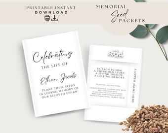 Celebration of Life Flower Seeds, Envelope Template, Printable Funeral Favor Keepsake Editable, Memorial Guest Gift Idea, Simple Minimalist