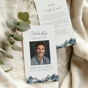 Carte de prière funéraire montagne, avec modèle photo, poème souvenir de service commémoratif, cadeau imprimable, retouche sur toile, nature, forêt, homme, NM1