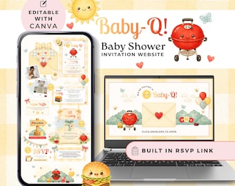 Baby-q baby shower website bbq template, Invitation with Trackable RSVP, Animated digital Invite, Editable Canva