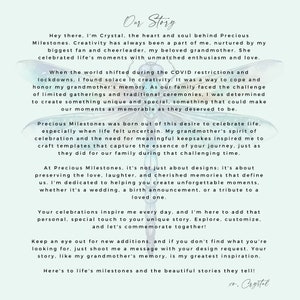 May include: A light blue background with a white text overlay. The text reads "Our Story" and includes a personal message about the creation of Precious Milestones, a business that creates custom keepsakes for life's milestones. The text mentions the founder's grandmother and how she inspired the business.