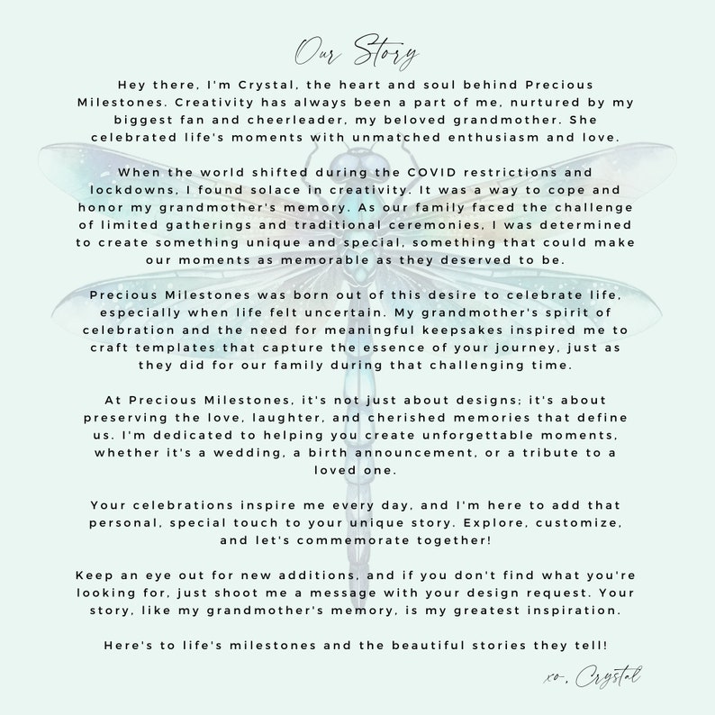 May include: A light blue background with a white text overlay. The text reads "Our Story" and includes a personal message about the creation of Precious Milestones, a business that creates custom keepsakes for life's milestones. The text mentions the founder's grandmother and how she inspired the business.