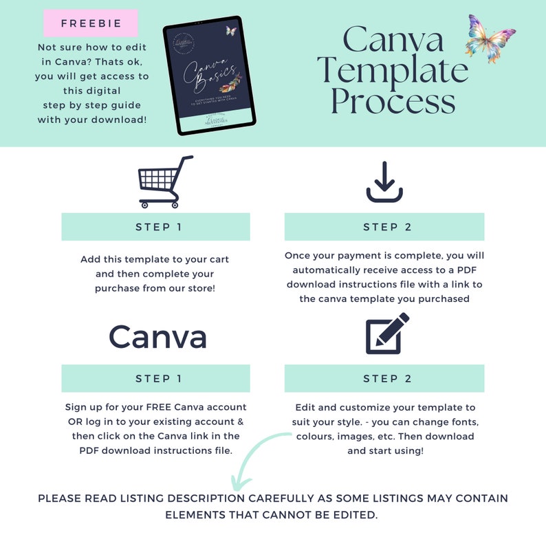 K&ouml;nnte beinhalten: Eine blaugr&uuml;ne und wei&szlig;e Grafik mit dem Text "Canva Template Process" und zwei Schmetterlingen. Die Grafik zeigt ein Einkaufswagen-Symbol, ein Download-Symbol und ein Bleistiftsymbol. Der Text "FREEBIE" befindet sich oben auf der Grafik. Der Text "PLEASE READ LISTING DESCRIPTION CAREFULLY AS SOME LISTINGS MAY CONTAIN ELEMENTS THAT CANNOT BE EDITED." befindet sich unten auf der Grafik.