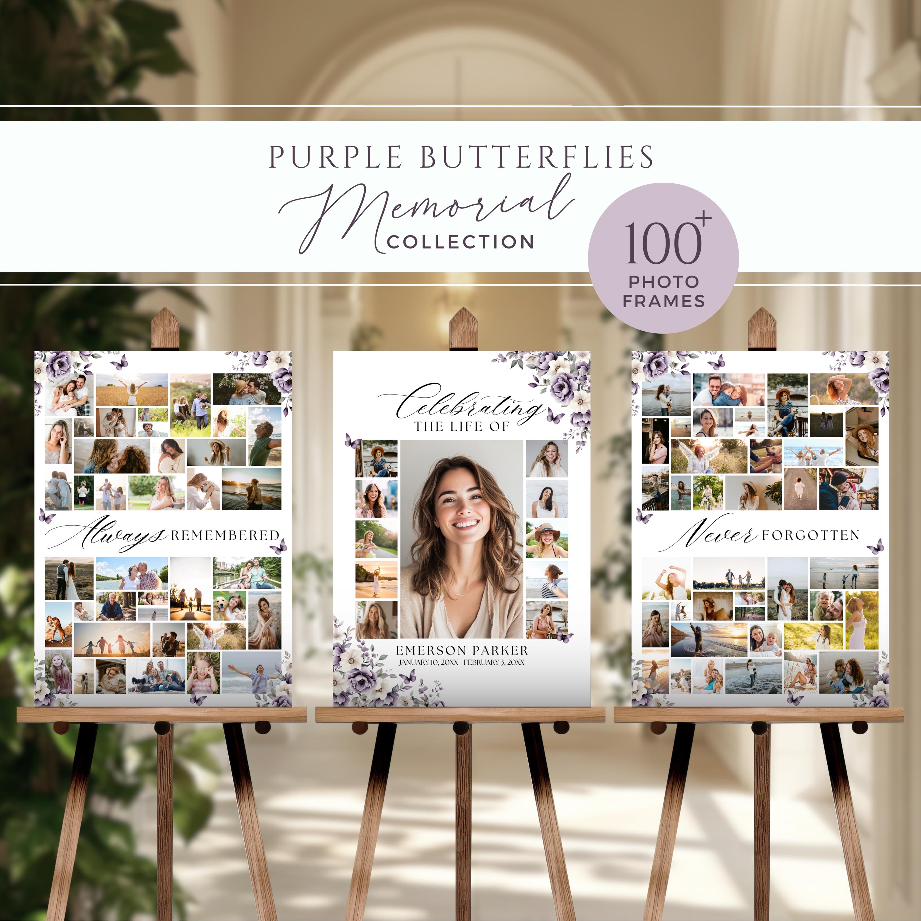 Funeral Welcome Sign Butterflies Bundle, Memorial Collage Sign, Celebration of Life Display, Woman, Butterfly, Mom, Purple, Flowers, PB1