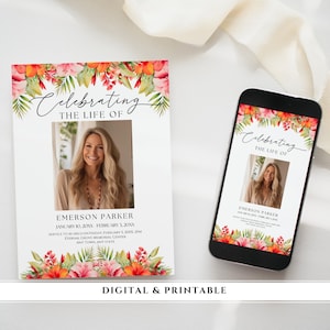 May include: A digital and printable memorial card with a floral border. The card features a photo of a woman and the text "Celebrating the Life of Emerson Parker January 10, 20XX - February 3, 20XX Service to be held on Friday, February 5, 20XX, 2PM Eternal Grove Memorial Center Any Town, Any State"