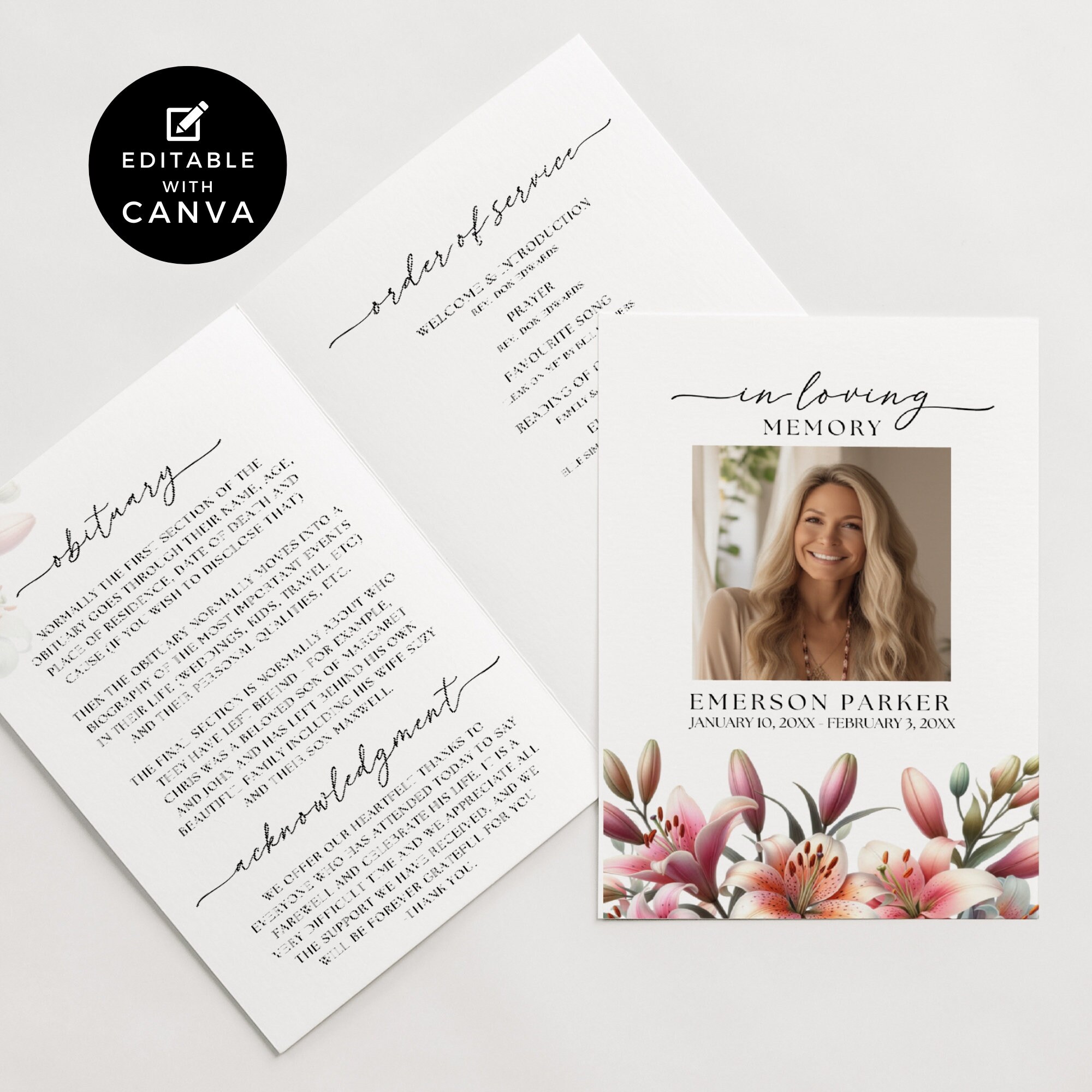 Sample Funeral Programs With Roses Funeral Program Template Lily, Editable Template, Celebrating the Life ...