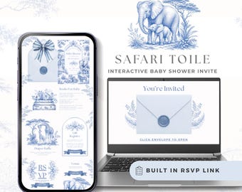 Safari Toile De Jouy Baby Shower Invitation Website, RSVP Trackable, Canva Template, Elegant Blue, Animals