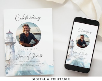 Digital Funeral Invitation Ocean, Printable Announcement, Memorial Invite Flyer, Editable, Celebration of Life Man, Captain, Fisher, WS1