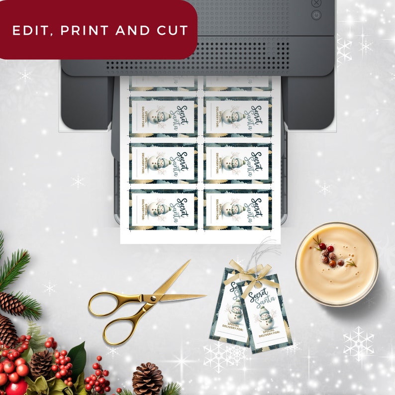 May include: Printable Secret Santa gift tags featuring a snowman design with a blue and green watercolour background. The tags have the text "Secret Santa" and "Delivery For" printed on them.