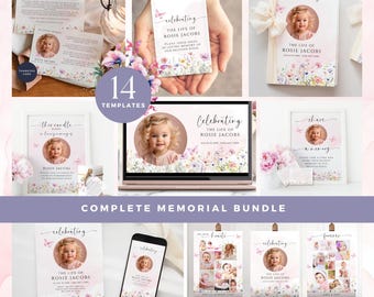 Paquete de flores para funerales, plantillas editables para celebrar la vida, conjunto digital imprimible, paquete de servicio conmemorativo, Canva, flores silvestres, rosa, WF1