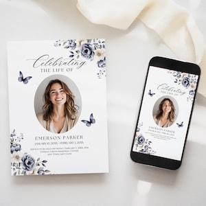 May include: A memorial card and smartphone display a design with the text "Celebrating the Life of" and the name "Emerson Parker." The design includes a photo, floral accents, and butterfly illustrations in shades of blue and white.