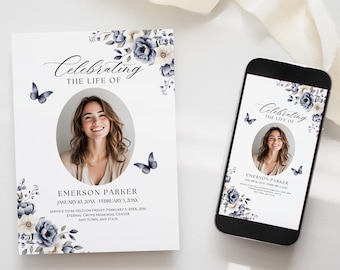 Dusty Blue Butterfly Funeral Invitation Template, Editable Canva Memorial Invite for Text or Print, Celebration of Life Announcement, BFB