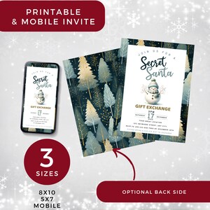 May include: Printable invitation for a Secret Santa gift exchange. The invitation features a snowman with a blue hat and scarf against a background of blue and gold trees. The text on the invitation reads "Join us for a Secret Santa Gift Exchange" and includes the date, time, and location of the event.