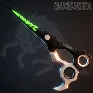 May include: A stylized pair of scissors with a black and white handle and a blade that glows green. The text "GACHIAKUTA" is in the upper right corner. The scissors have a unique design, with a circular hole in the handle.