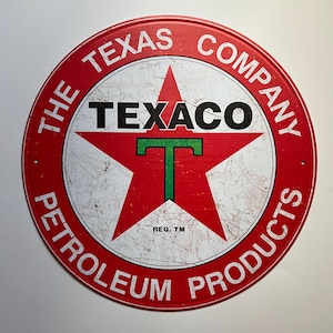 Texaco 12&quot; Rustic Round Metal Sign Man Cave Tin Sign Garage Sign Gifts for Men Wall Decor for Garage Vintage Style Texaco Petroleum Products