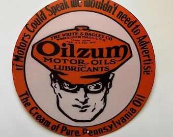 Oilzum Oil Plaque en métal ronde rustique de 20 cm pour homme des cavernes Plaque en étain pour garage, cadeaux pour hommes, décoration murale pour garage, style vintage, huile, plaque de gaz, huile moteur