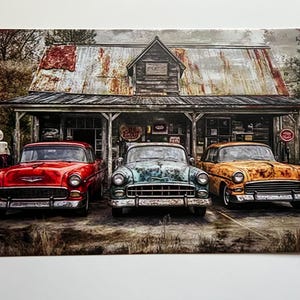 Cartello in metallo per negozio di auto d'epoca, decorazione da parete per garage, regali per uomini, cartello per auto d'epoca in stile rustico vintage, 11,75"X7,75" rosso giallo